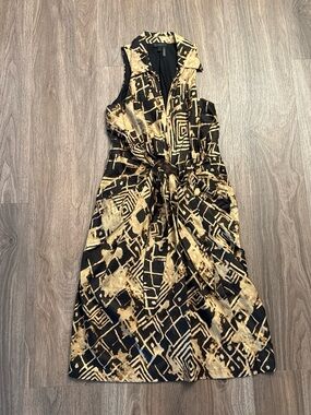 Vintage Donna Karan Black and beige geometric patterned midi dress